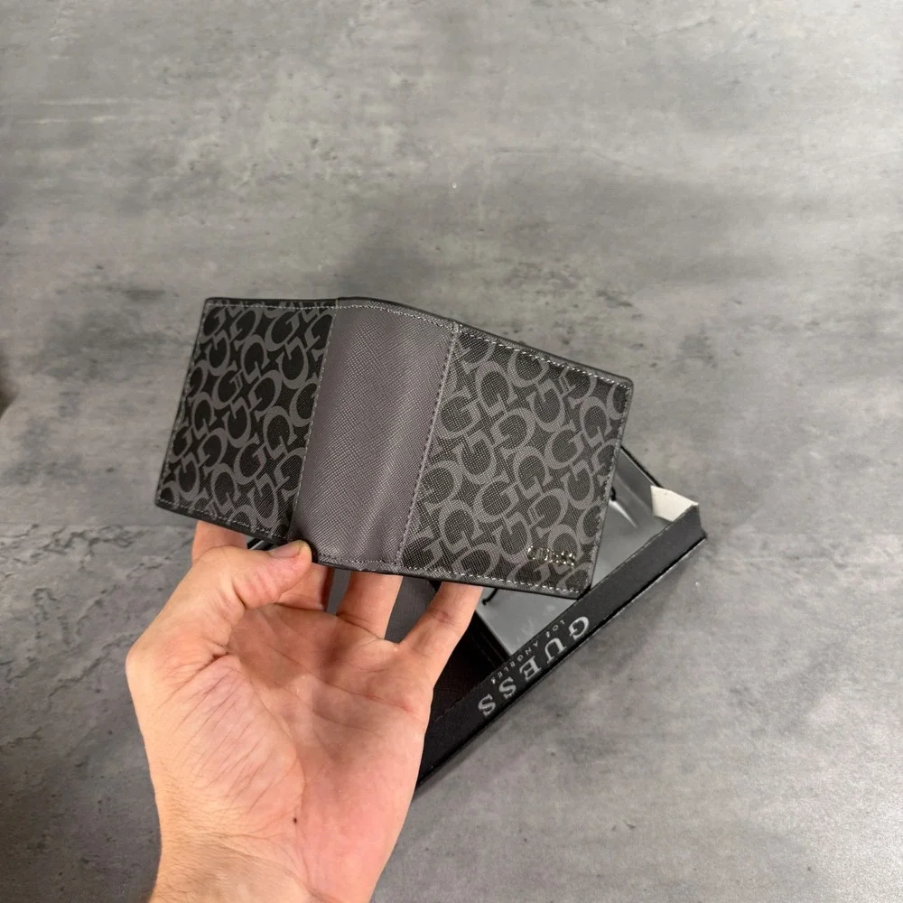 Guess Wallet Set Mens Gray Black Logo Bifold Card Holder Gift Box New Streetwear